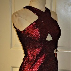 Aiden Maddox Garnet Sequined Halter Neck Sheath